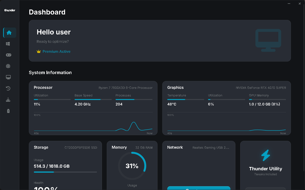 Aperçu du Dashboard Thunder Tweak